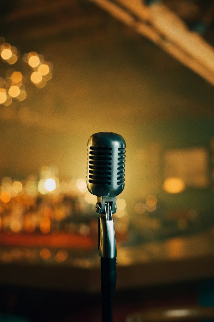 A vintage microphone on a stage